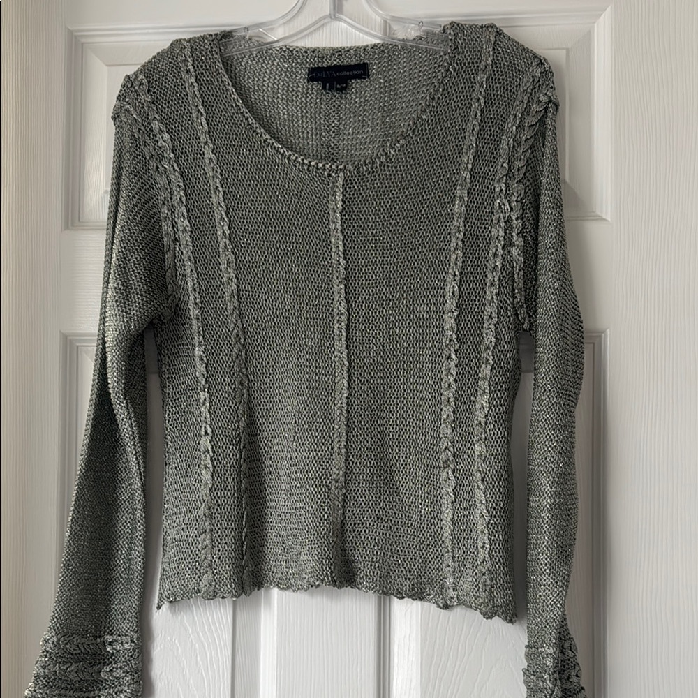 Dalya Collection Shimmer Gray Crew Neck Sweater with braided detail